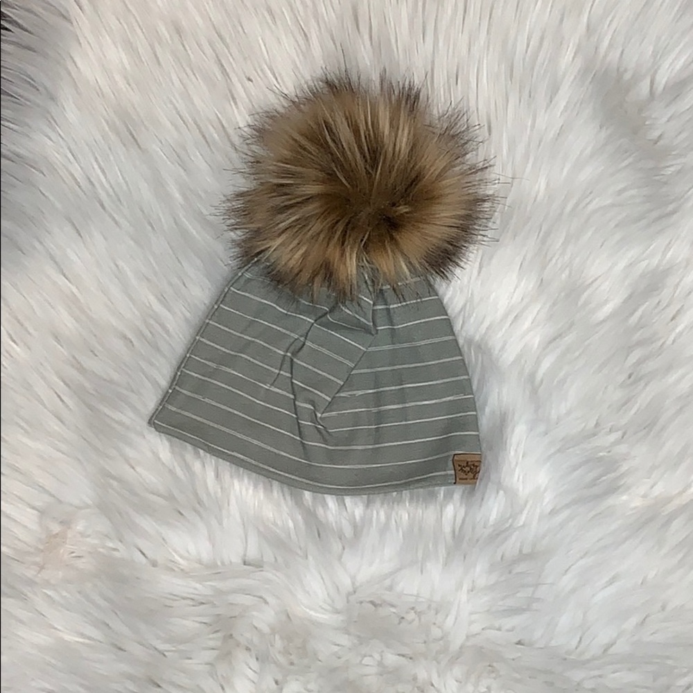 Baby Mint Stripe Fur Pom Beanie
